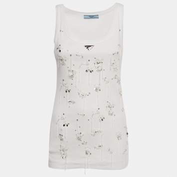 Pre Owned Prada White Embellished Cotton Jersey Tank Top S