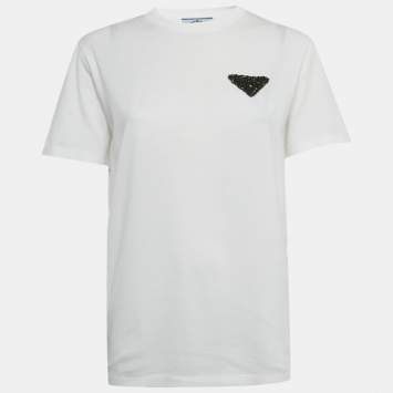 Pre Owned تي شيرت برادا قطن أبيض بتفاصيل تقاطع مُصممة بشعار مثلث مقاس متوسط - ميديم