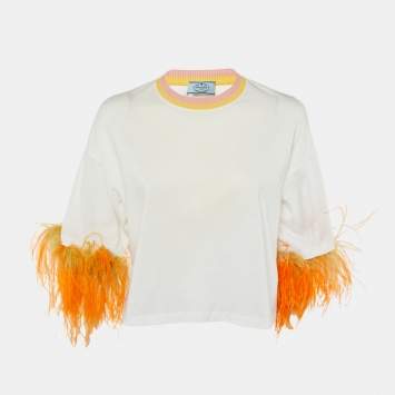 Pre Owned Prada White Cotton Ostrich Feather Trim T-Shirt M