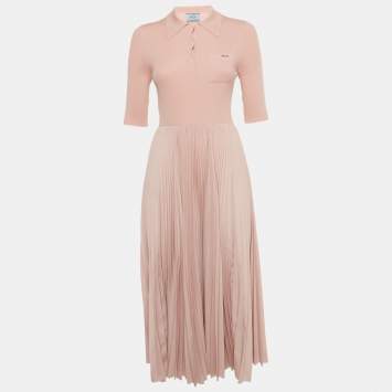 Pre Owned Prada Pink Rib Knit and Plisse Midi Dress M