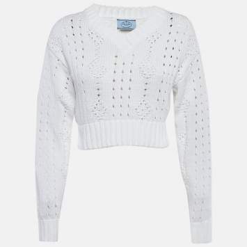 Pre Owned Prada White Open Knit V-Neck Crop Sweater XS