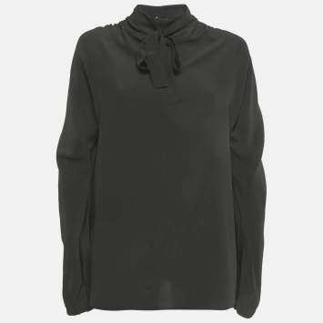 مملوكة مسبقًا بلوزة برادا حرير أسود بتفاصيل ربطة عنق مقاس متوسط - ميديم