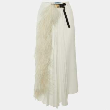 مملوكة مسبقًا Prada White Sateen Feather Trim Wrap Midi Skirt S
