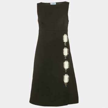 Pre Owned Prada Black Wool Embellished Mini Dress M