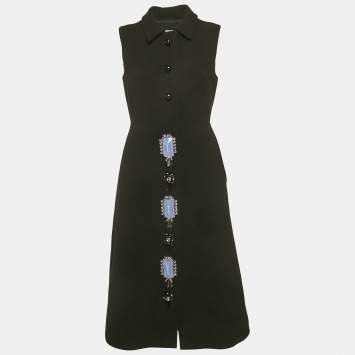 Pre Owned Prada Black Wool Embellished Midi Dress M