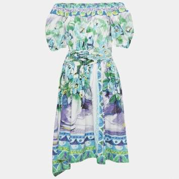 Pre Owned Prada Multicolour Floral Print Cotton Asymmetric Midi Dress M