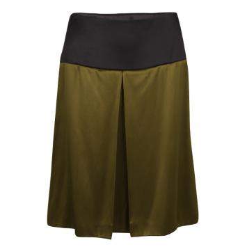 Pre Owned Prada Olive Green Satin Contrast Waist A-Line Skirt S