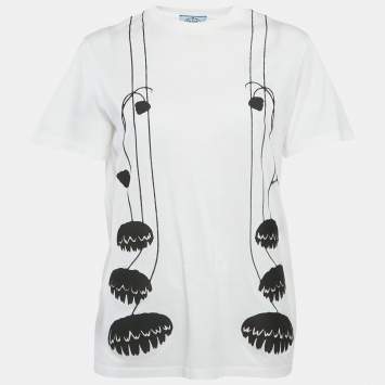 مملوكة مسبقًا تي شيرت برادا أبيض مزين بالزهور ياقة دائرية مقاس متوسط (ميديام)