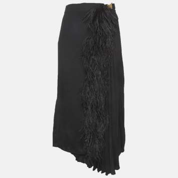 Pre Owned Prada Black Satin Feather Trim Midi Skirt L