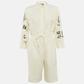 مملوكة مسبقًا Prada Cream Printed Chambray Canvas Playsuit XS
