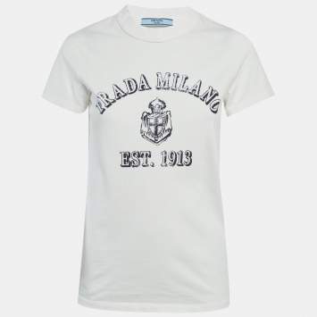 Pre Owned Prada White Logo Print Jersey T-Shirt M
