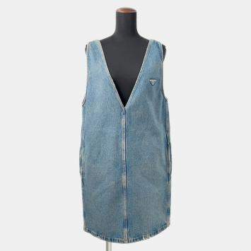 Pre Owned فستان برادا دينيم بشعار مثلثي أزرق قطن 100% مقاس 36

