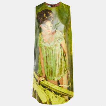 مملوكة مسبقًا Prada Green Poster Girl Print Faux Leather Shift Dress M