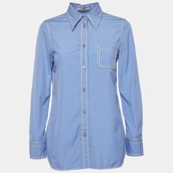 Pre Owned Prada Blue Cotton Contrast Embroidered Long Sleeve Shirt M