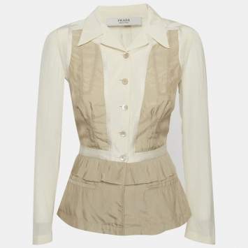 Pre Owned Prada Beige/Cream Synthetic Belted Blouse S