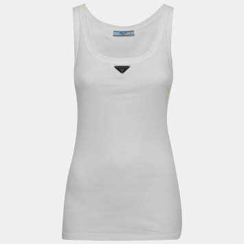 مملوكة مسبقًا Prada White Cotton Jersey Triangle Logo Tank Top XS