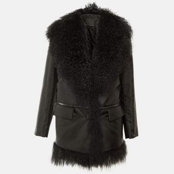 Pre Owned Prada Black Synthetic Shearling Collar Afghan Coat S