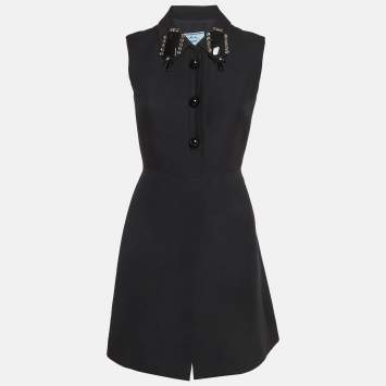 مملوكة مسبقًا معطف برادا صوف أسود بياقة مزينة بدون أكمام مقاس صغير (S)