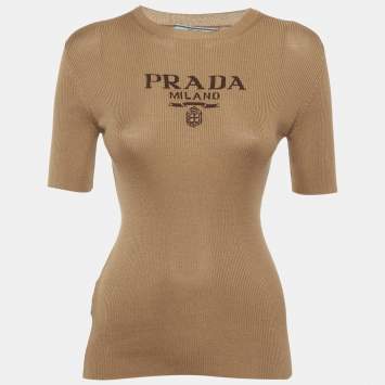 مملوكة مسبقًا Prada Brown Logo Intarsia Silk Rib Knit Top S