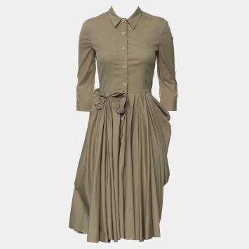 مملوكة مسبقًا Prada 2007 Button-Up Bow Khaki Dress XS