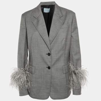 Pre Owned Prada Grey Wool & Silk Feather Trim Blazer M