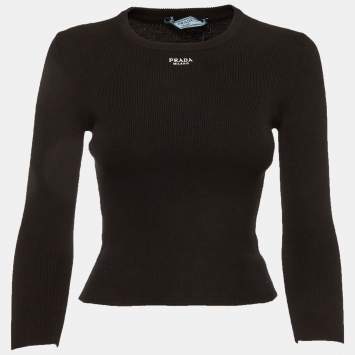 Pre Owned Prada Black Logo Embroidered Rib Knit Crew Neck Top S