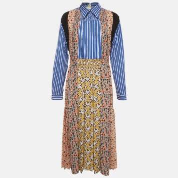 Pre Owned Prada Multicolor Printed Cotton and Crepe Long Sleeve Dress M  
