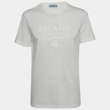 Pre Owned Prada White Logo Appliqué Distressed Jersey T-Shirt XS