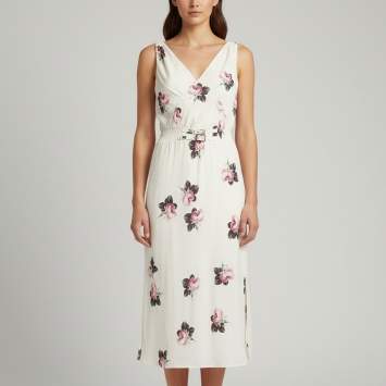 Pre Owned Prada Off White Printed Crepe Sleeveless Midi Dress S