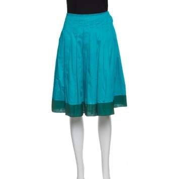 Pre Owned Prada Blue Cotton Contrast Silk Trim Detail Pleated Skirt M