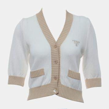 Pre Owned Prada Logo Beige/White Cotton Short Sleeve Knit Cardigan
