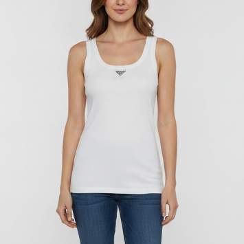 مملوكة مسبقًا Prada White Ribbed Knit Triangle Logo Plaque Jersey Tank Top XS