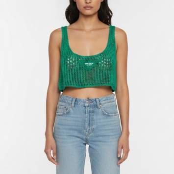 Pre Owned Prada Green Logo Embroidered Crochet Sheer Crop Top XS
