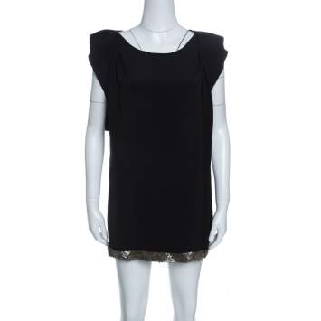 Pre Owned Prada Black Embellished Hem Ruffled Sleeve Dress M