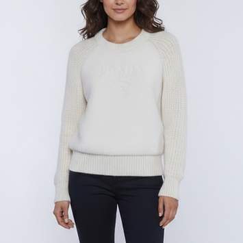 مملوكة مسبقًا Prada Cream Logo Debossed Knit Shearling Trim Jumper M