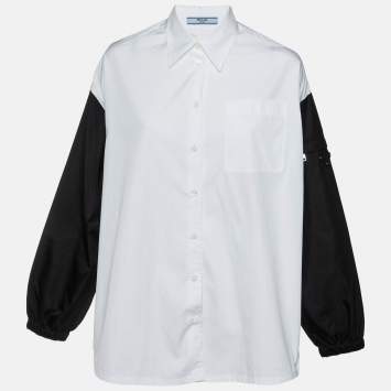 Pre Owned Prada White/Black Cotton Contrast Sleeve Oversized Shirt S