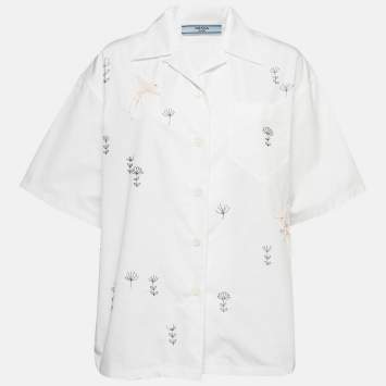 Pre Owned Prada White Embroidered Poplin Short Sleeve Bowling Shirt S