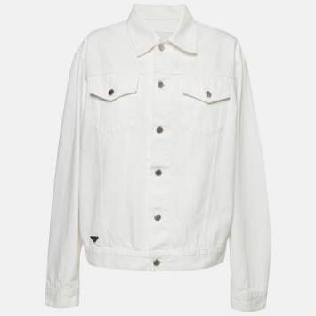 Pre Owned Prada White Triangle Logo Plaque Embellished Denim Blouson Jacket XXL 