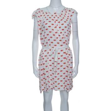 Pre Owned Prada White and Red Lip Print Pleated Waist Tie Detail Dress S