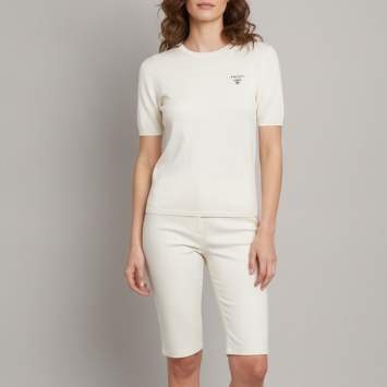 Pre Owned Prada Cream Logo Intarsia Knit Short Sleeve Top S