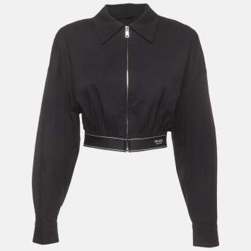 Pre Owned Prada Black Stretch Poplin Logo Band Cropped Jacket M 