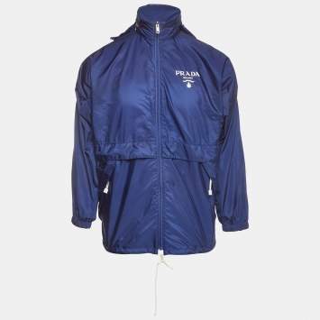 Pre Owned Prada Blue Re Nylon Hooded Zip Up Windbreaker Jacket XS