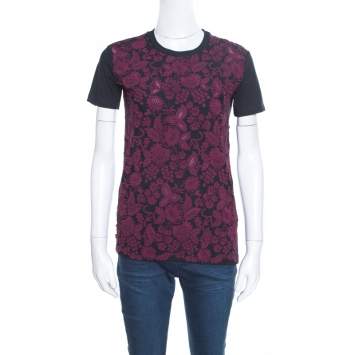 Pre Owned Prada Black and Wine Floral Lace Applique Detail Cotton Crew Neck T Shirt XS