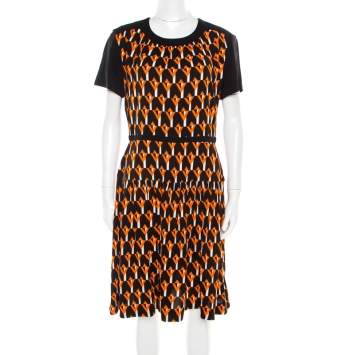Pre Owned Prada Black and Orange Geometric Printed Crepe Short Sleeve Dress M