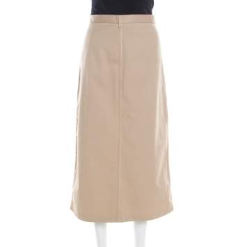 Pre Owned Prada Beige Cotton Contrast Top Stitch Detail Midi Skirt L