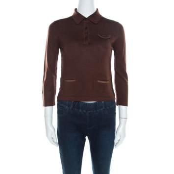 Prada Brown Silk and Wool Rib Knit Leather Patch Detail Polo T- Shirt M
