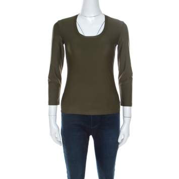 Pre Owned Prada Olive Green Silk Blend Pocket Detail Long Sleeve Top XS