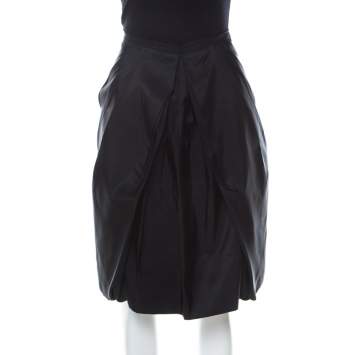 Pre Owned Prada Black Coated Silk Pleated Bubble Skirt M 