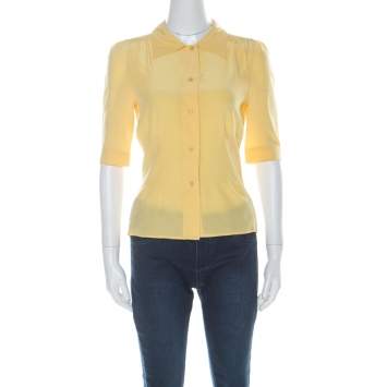 Pre Owned Prada Yellow Silk Button Down Short Sleeve Shirt M