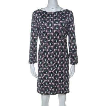 Pre Owned Prada Multicolor Floral Paisely Printed Silk Jersey Long Sleeve Shift Dress L 